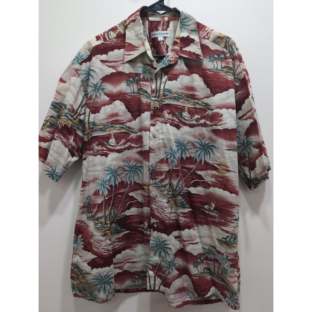 Vintage Pierre Cardin Cotton Hawaiian Shirt Mens Red Tropical Large